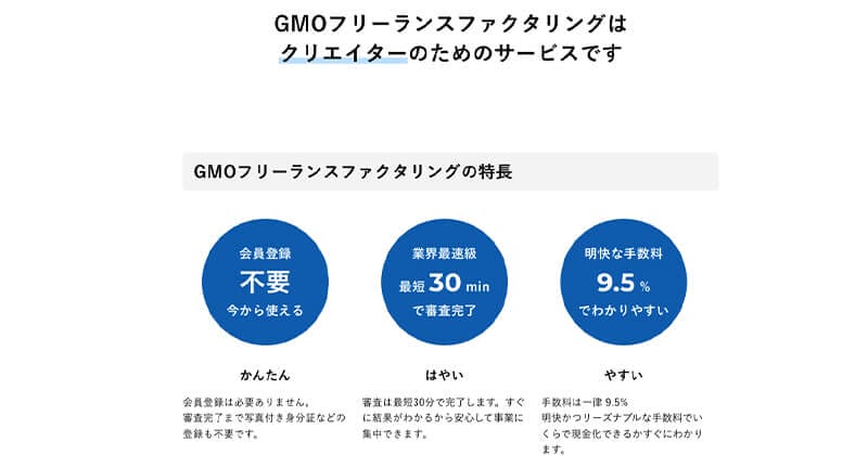 GMOフリーランスファクタリング5つの特徴,メリット,デメリット,口コミ評価まで解説 3 GMOフリーランス特徴